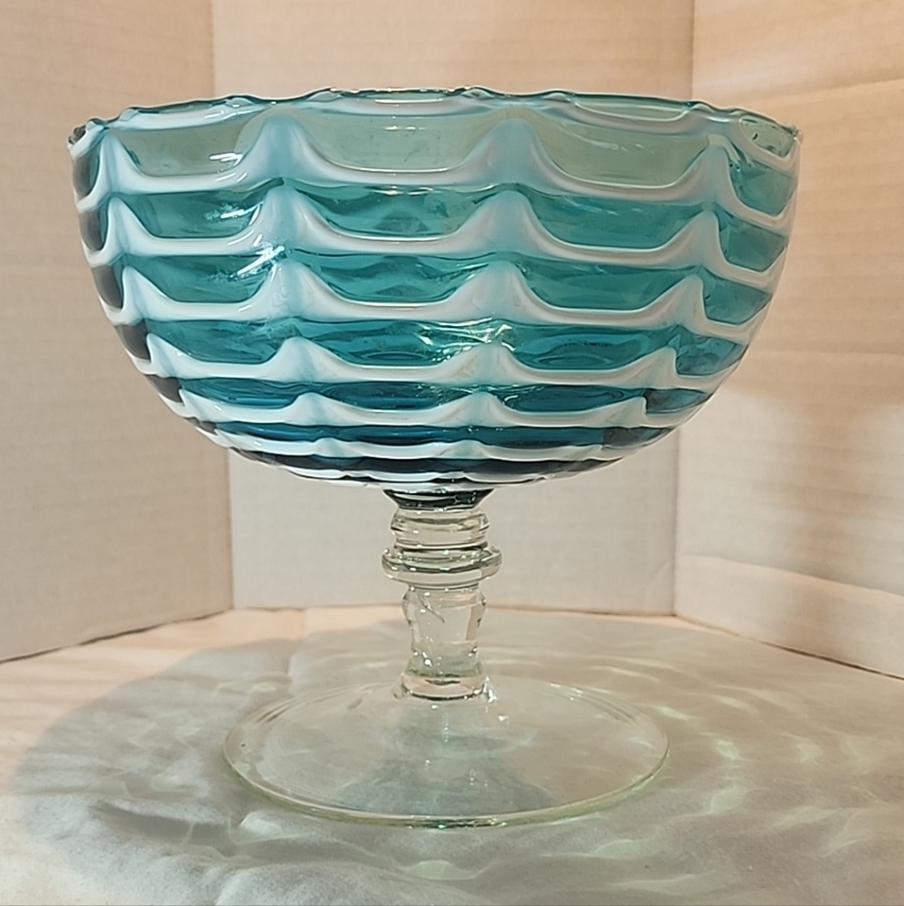 Vintage Empoli Glass Turquoise Aqua & White Wave Pedestal Bowl Compote Dish MCM
